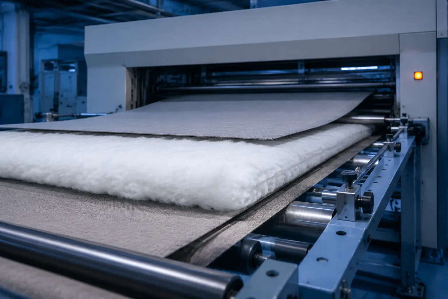 Tecido e manta de poliéster alinhados na entrada de uma máquina industrial