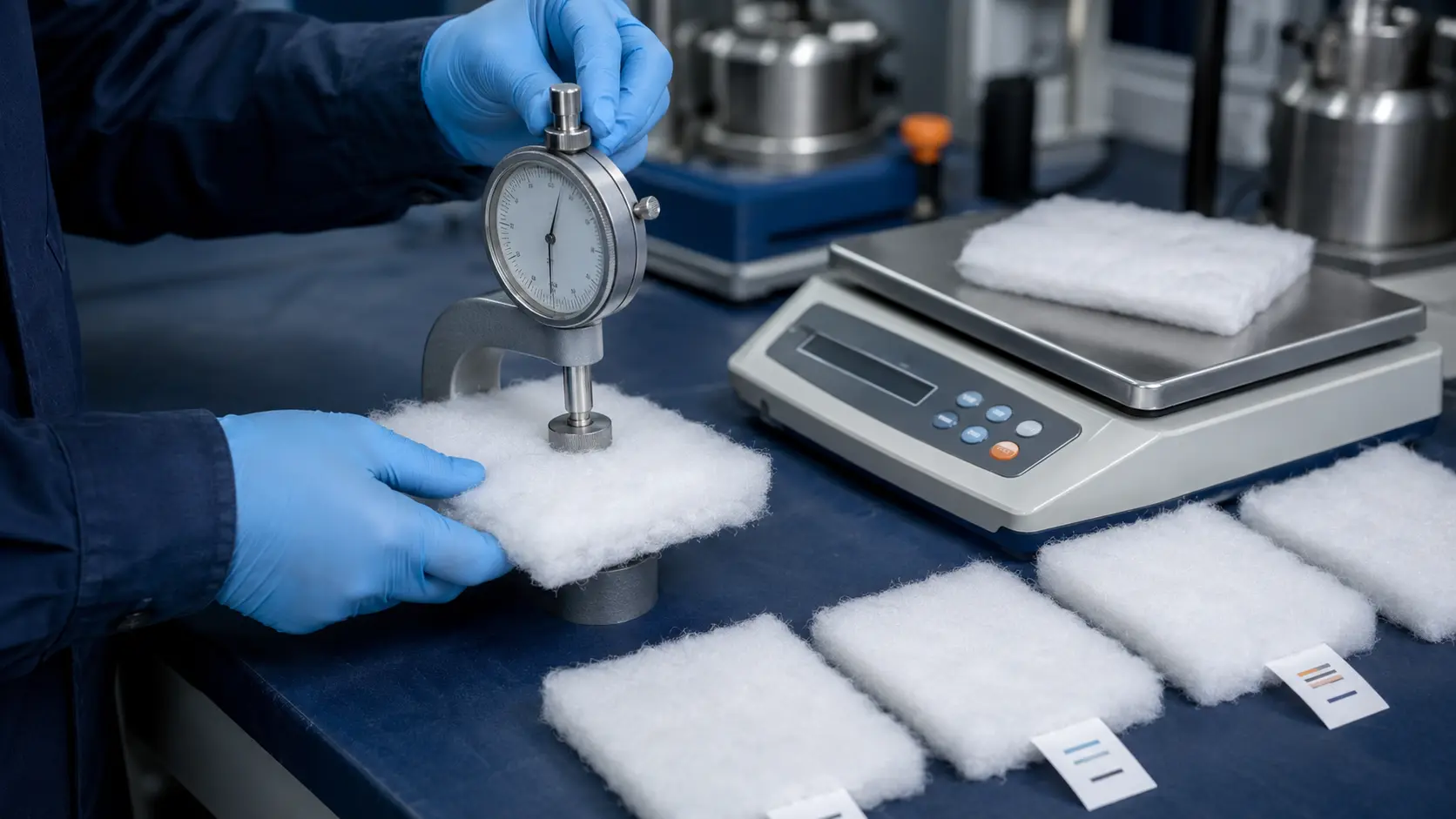 Técnico medindo amostras de manta de poliéster em laboratório de controle de qualidade